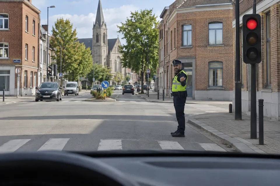 Un agent fait un geste invitant le conducteur à avancer, à côté d’un feu rouge.