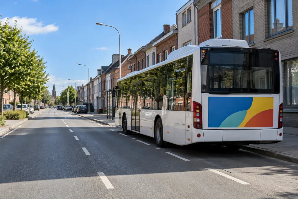 Autobus arrêté masquant une partie du trottoir.