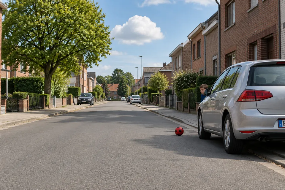 Une rue résidentielle avec des voitures stationnées, un ballon et un enfant partiellement masqué.