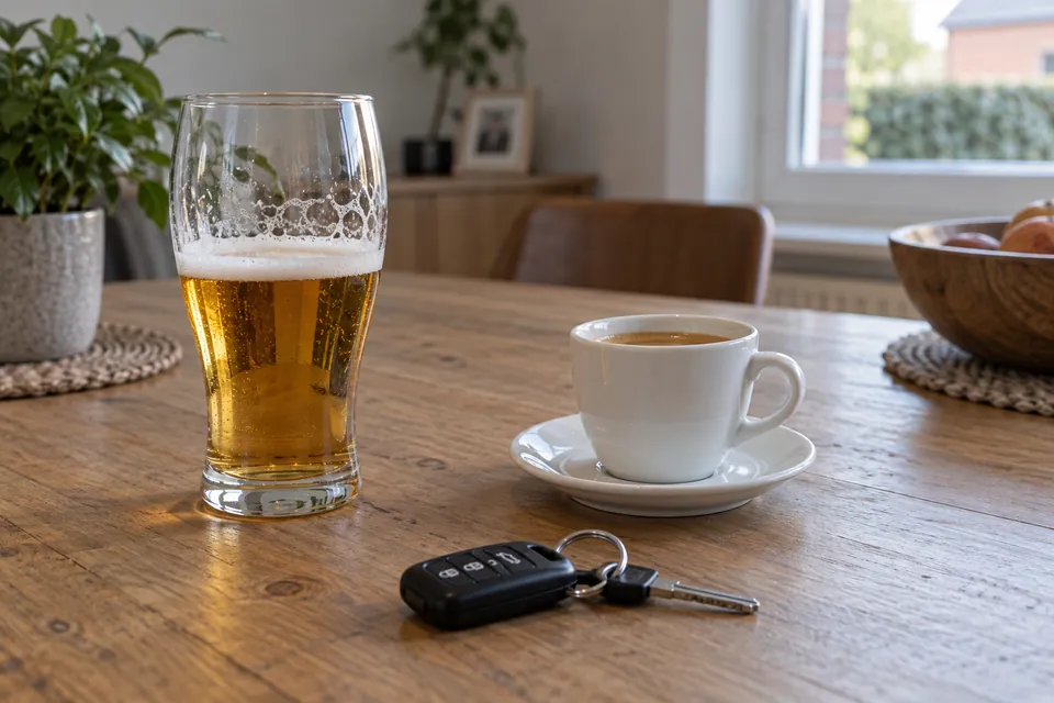 Verre de bière, tasse de café et clés de voiture posés séparément sur une table.