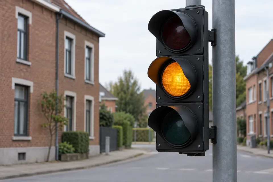 Feu de circulation dont seule la lampe orange centrale est allumée.