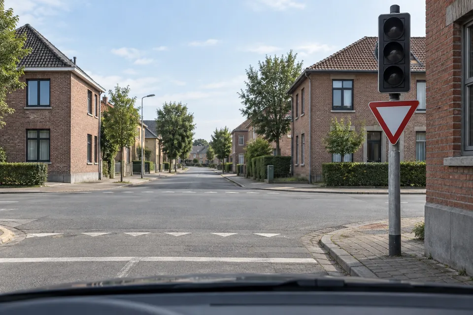 Les trois lampes d’un feu sont éteintes au-dessus d’un cédez-le-passage.