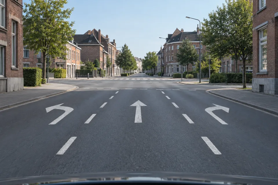 Trois bandes à l’approche d’un carrefour, avec des flèches peintes vers la gauche, tout droit et vers la droite.