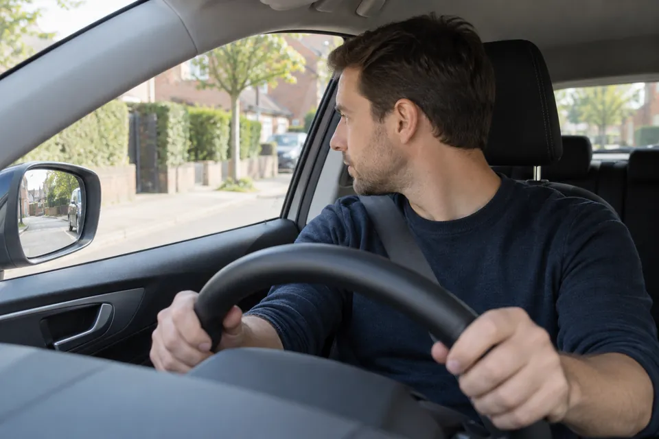 Conducteur ceinturé tenant le volant et regardant vers son rétroviseur extérieur gauche.