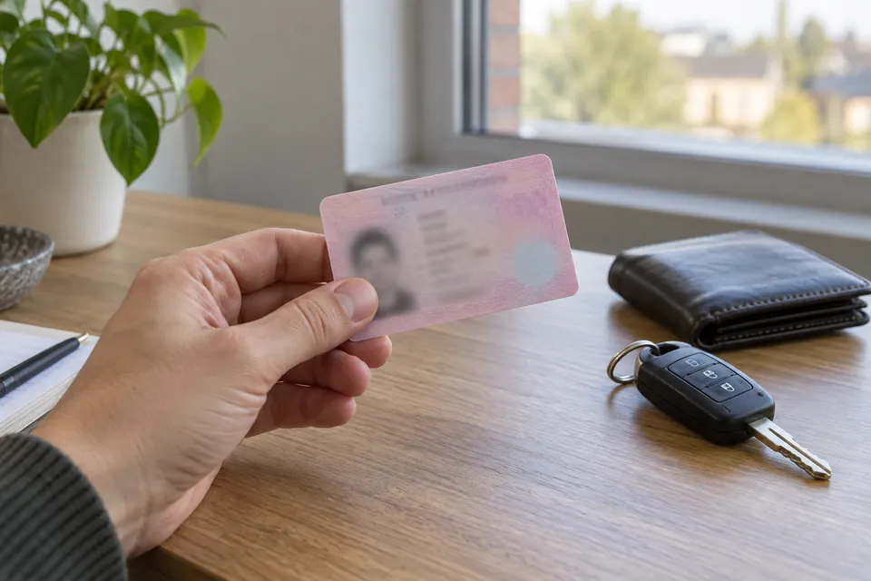 Main tenant une carte rose aux informations illisibles près d’un portefeuille et de clés de voiture.
