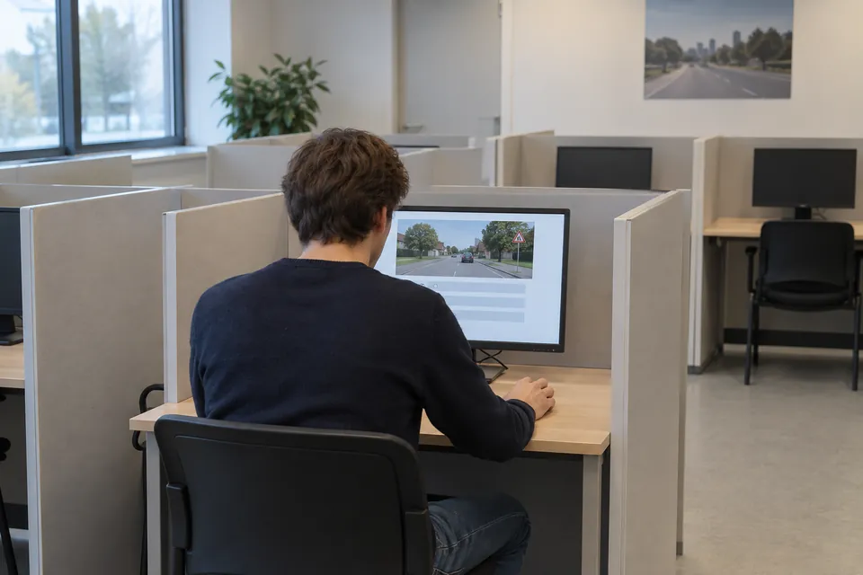 Adulte devant un ordinateur dans une salle d’examen équipée de postes individuels.