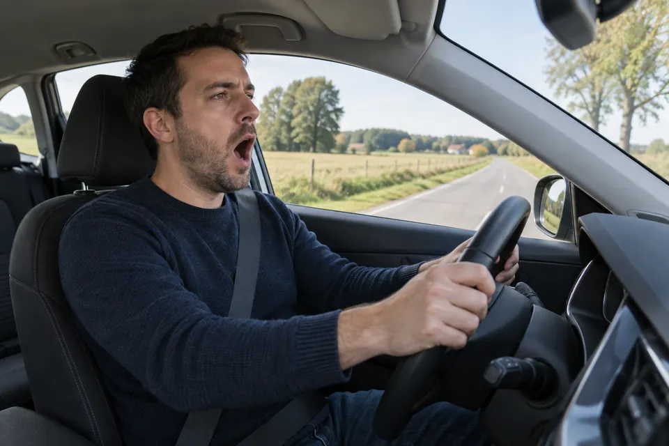 Conducteur ceinturé qui bâille au volant, mains sur le volant.