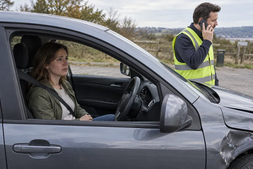 Conductrice restant assise dans une voiture endommagée, avec une personne en gilet réfléchissant qui téléphone dehors.