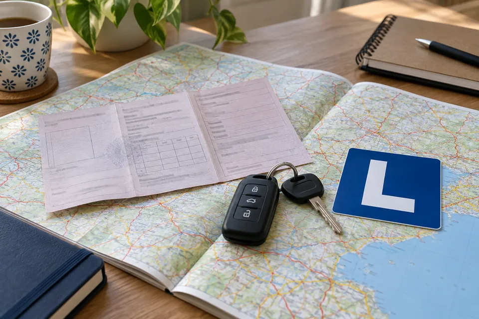 Document générique, clés et plaque bleue avec un L blanc posés sur un atlas routier.