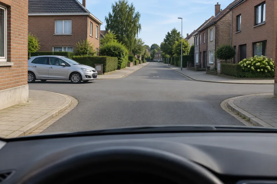 Voiture argentée arrivant d’une rue à gauche à un carrefour résidentiel sans signalisation visible.