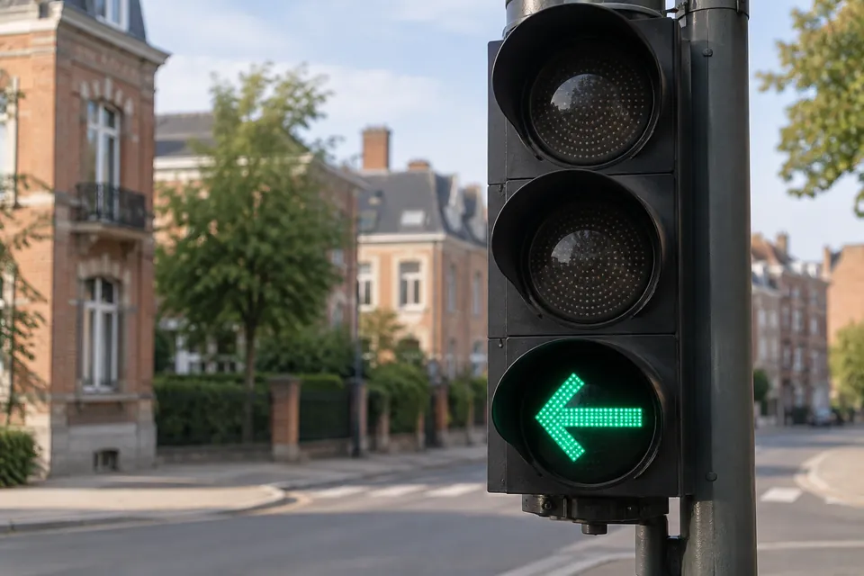 Feu de circulation dont la lampe inférieure affiche une flèche verte dirigée vers la gauche.