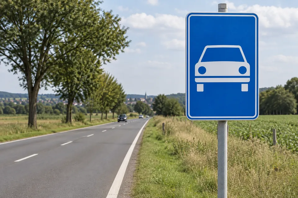 Un panneau bleu rectangulaire porte le pictogramme blanc d’une voiture vue de face.