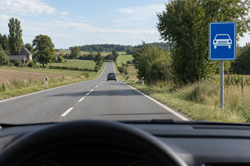 Une route à deux sens traverse la campagne à hauteur d’un panneau de route pour automobiles.