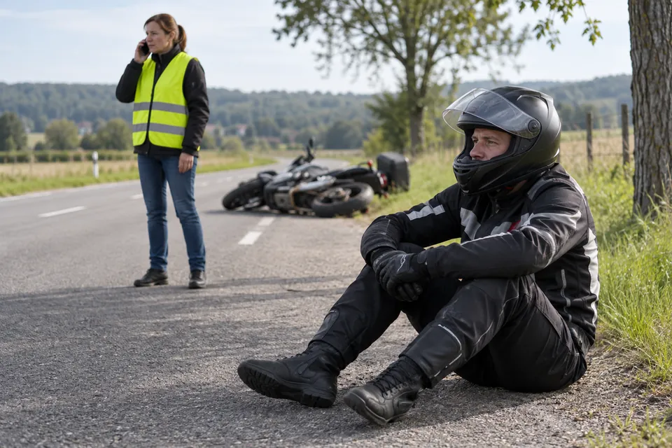 Motocycliste assis au bord d’une route avec son casque, accompagné d’une personne qui téléphone.