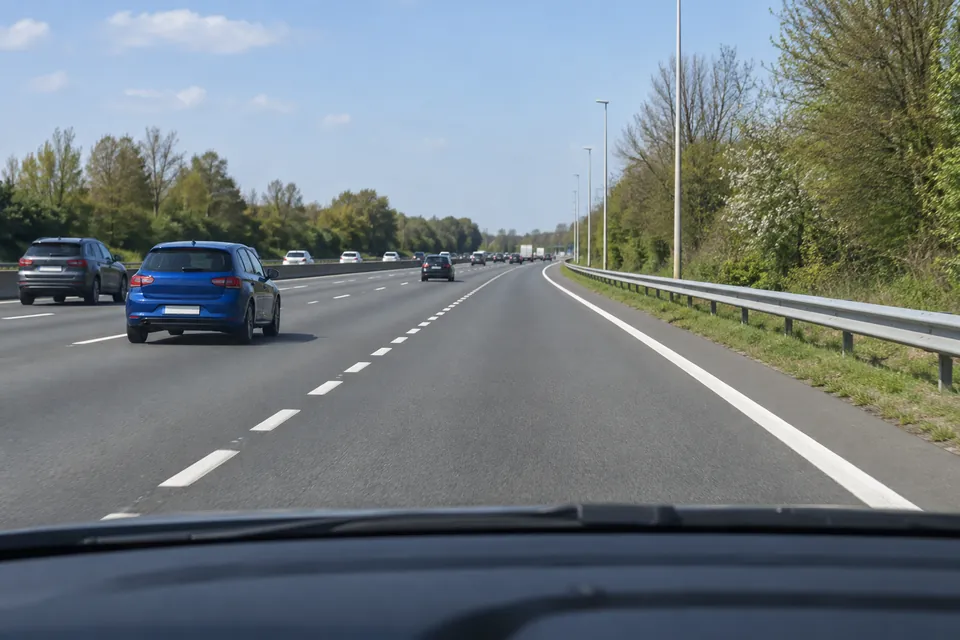 Vue depuis une bande d’insertion à droite, avec une voiture bleue sur la chaussée principale à gauche.