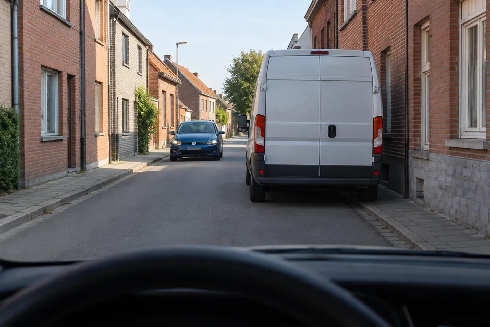Camionnette arrêtée du côté droit d’une rue étroite, avec une voiture bleue venant en face.