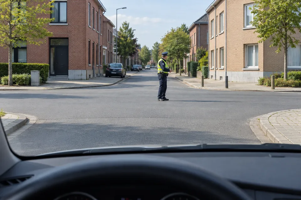 Agent de profil au milieu d’un carrefour, regardant vers une rue latérale, mains près de la taille.