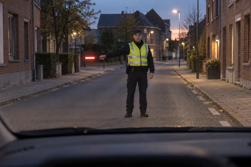 Un agent tient une lampe rouge sur une chaussée au crépuscule.