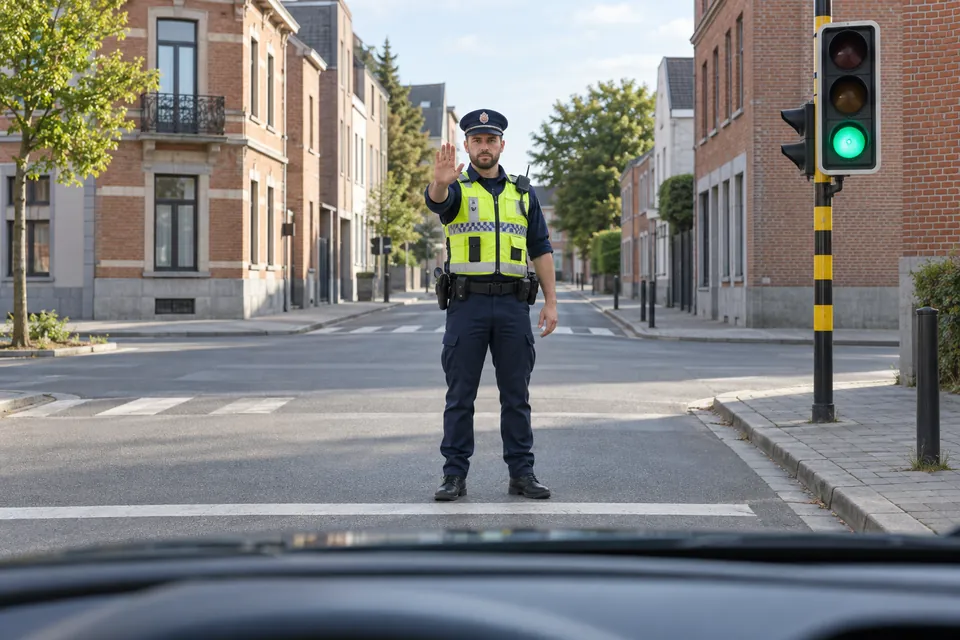 Agent face au conducteur, paume levée pour imposer l’arrêt, avec un feu vert visible à droite.