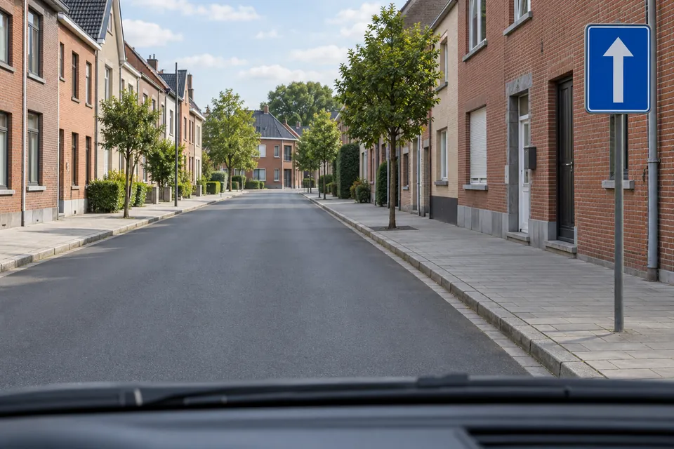 Une rue à sens unique avec un panneau bleu et des bordures dégagées.