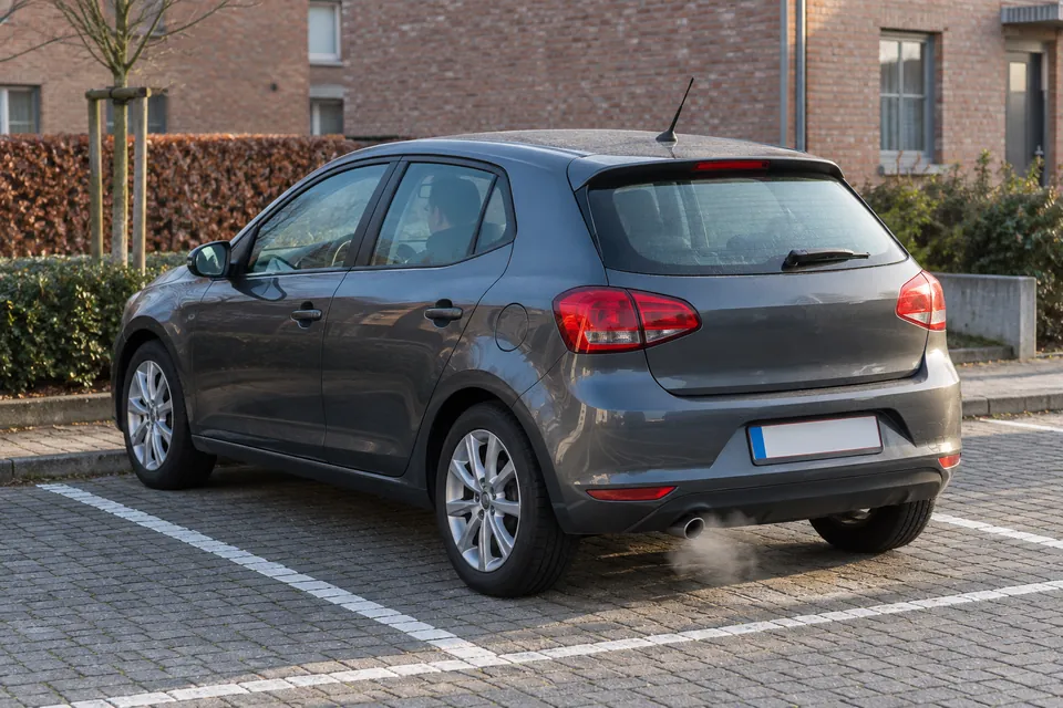 Voiture dans une place de stationnement avec une légère condensation à la sortie de l’échappement.