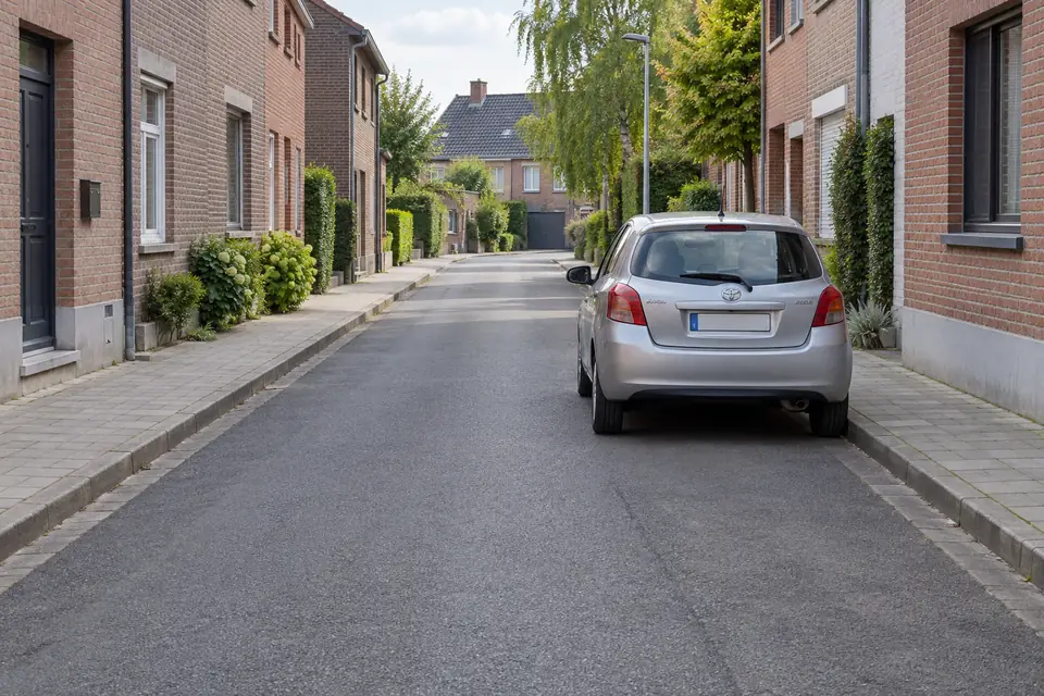 Voiture stationnée au bord droit d’une rue, avec le passage libre visible à sa gauche.