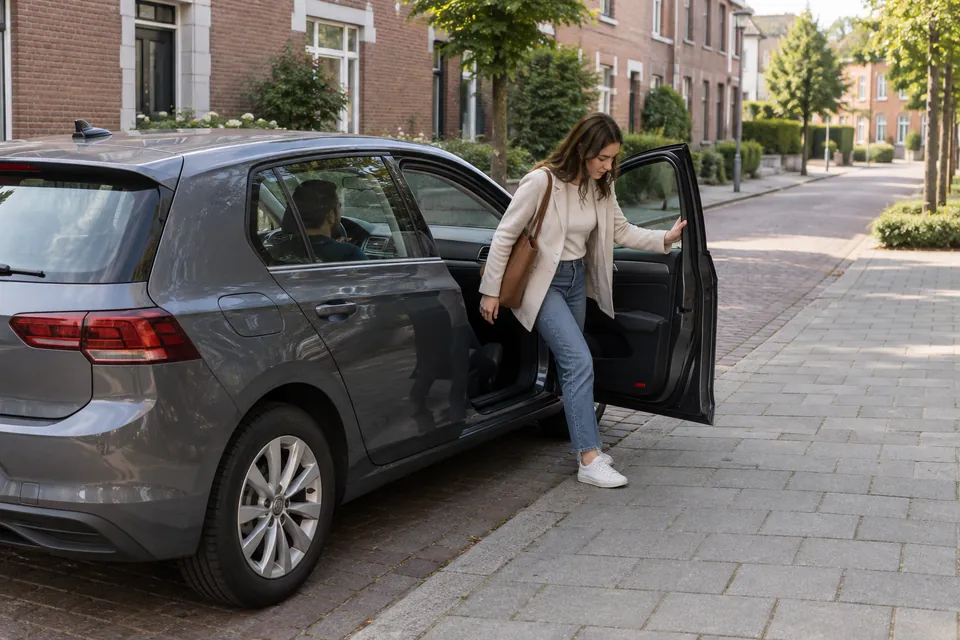 Passagère descendant d’une voiture par la portière droite, du côté du trottoir.