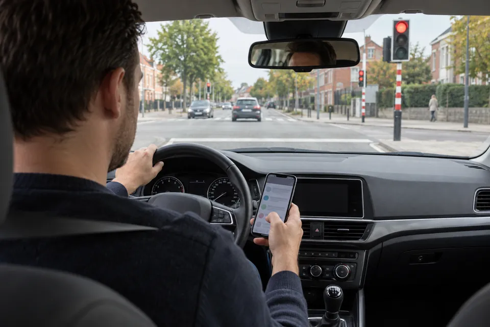 Conducteur tenant un téléphone dans une voiture arrêtée devant un feu rouge.