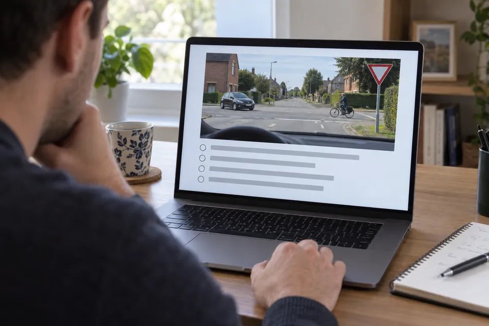 Adulte lisant sur un ordinateur portable une question illustrée par une scène de circulation.