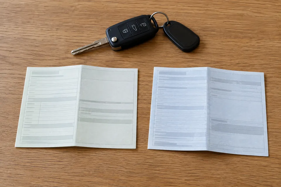 Deux documents papier génériques posés côte à côte sur une table avec des clés de voiture.