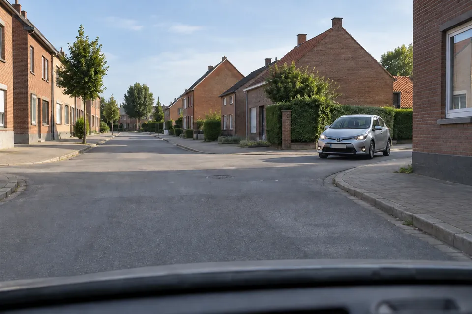 Une voiture argentée arrive d’une rue située à droite du conducteur.