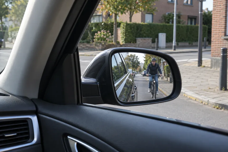 Cycliste arrivant derrière une voiture, visible dans son rétroviseur extérieur droit.