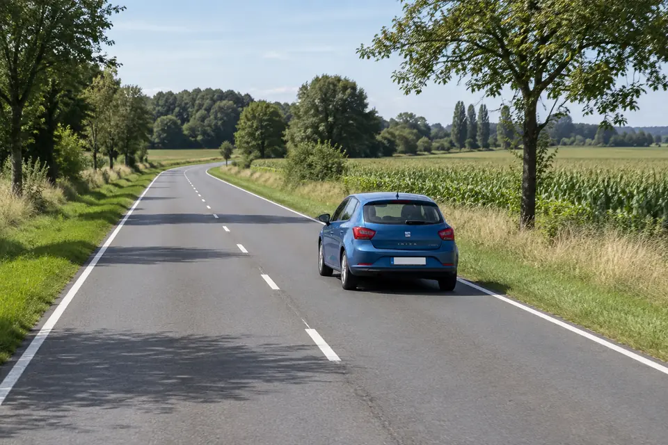 Voiture bleue vue de dos dans la bande droite d’une route rurale à deux sens.