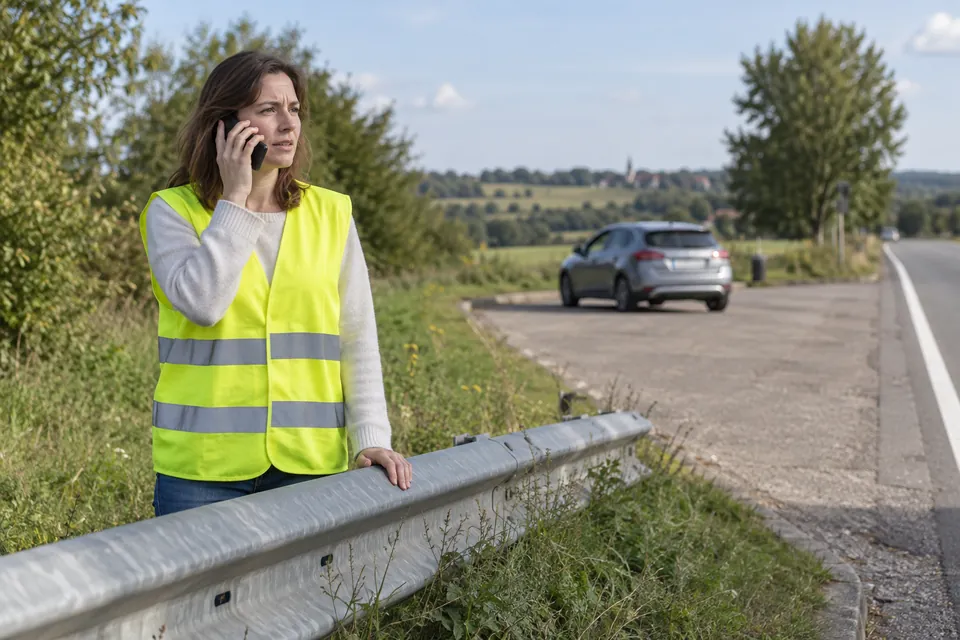 Personne en gilet réfléchissant téléphonant derrière une glissière, avec une voiture immobilisée au second plan.