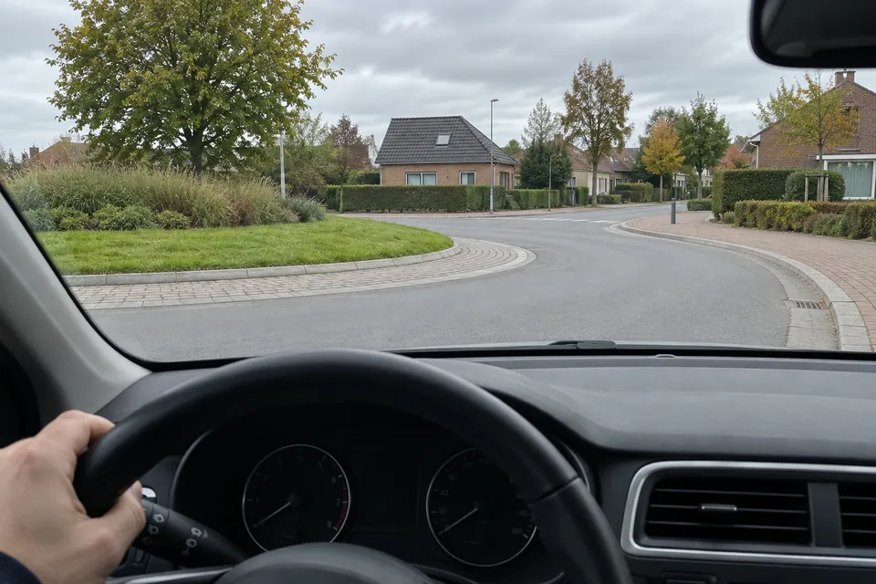 Le volant et sa commande de clignotant devant un giratoire et une sortie.