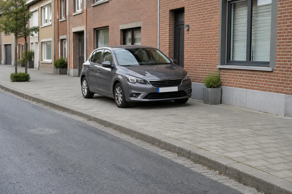 Voiture entièrement stationnée sur un large trottoir, sans emplacement de parking marqué.