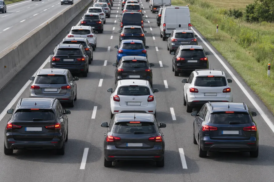 Des files de véhicules occupent trois bandes d’une même chaussée d’autoroute.