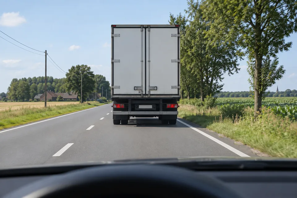 Arrière d’un poids lourd vu depuis une voiture qui le suit sur une route à deux sens.