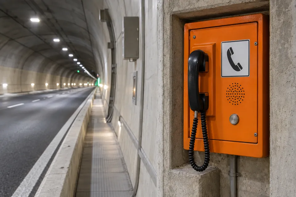 Poste téléphonique orange avec un combiné dans une niche le long d’un tunnel routier.