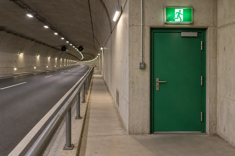 Porte verte d’une issue de secours accessible depuis le cheminement piéton d’un tunnel.