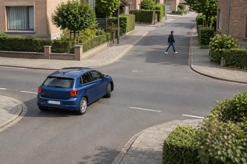 Une voiture tourne vers une rue qu’un piéton traverse à distance devant elle.