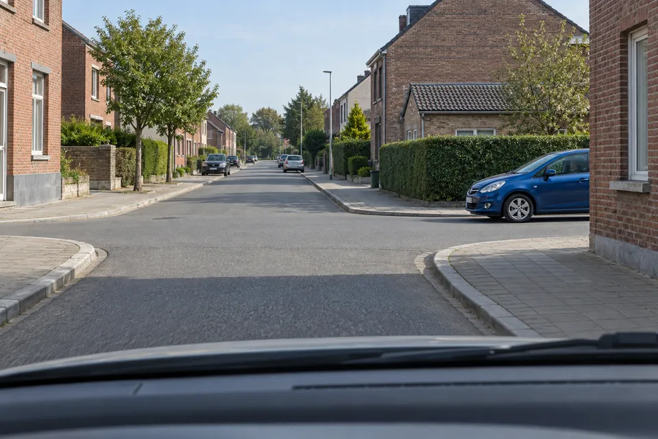 Carrefour résidentiel sans signalisation visible, avec une voiture bleue venant de la rue à droite.