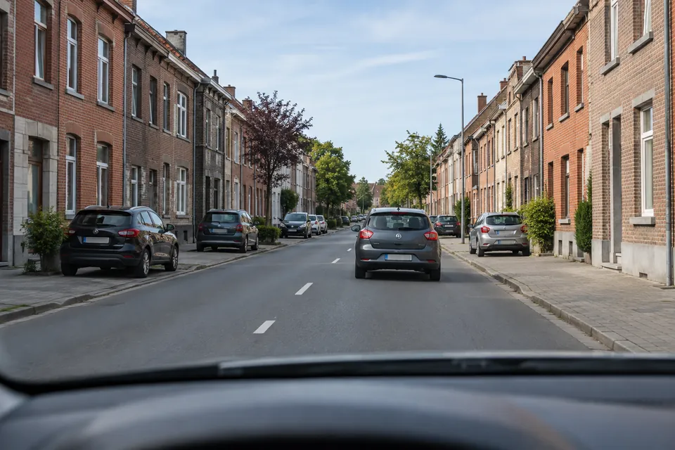 Une rue bordée de maisons en briques vue depuis une voiture.