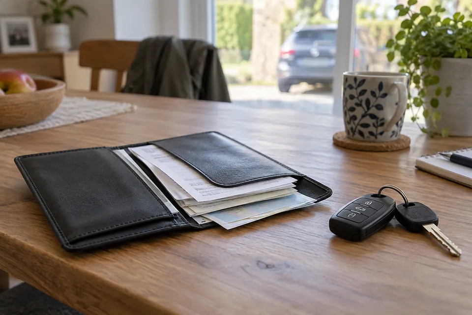 Pochette ouverte contenant des papiers génériques, avec des clés de voiture sur une table.