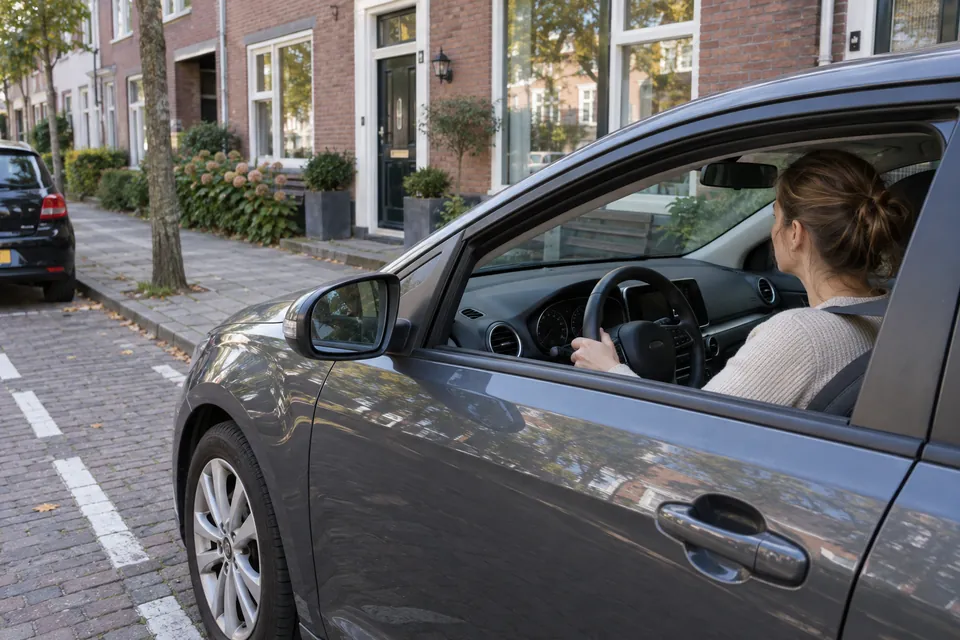 Conductrice restant au volant d’une voiture immobilisée devant des habitations.