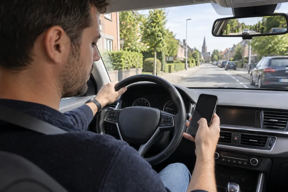 Dans une voiture, un conducteur attaché tient un téléphone en main ; le rétroviseur intérieur est visible.